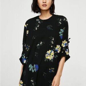 Mango Black Floral Ruched Sleeve Shift Dress